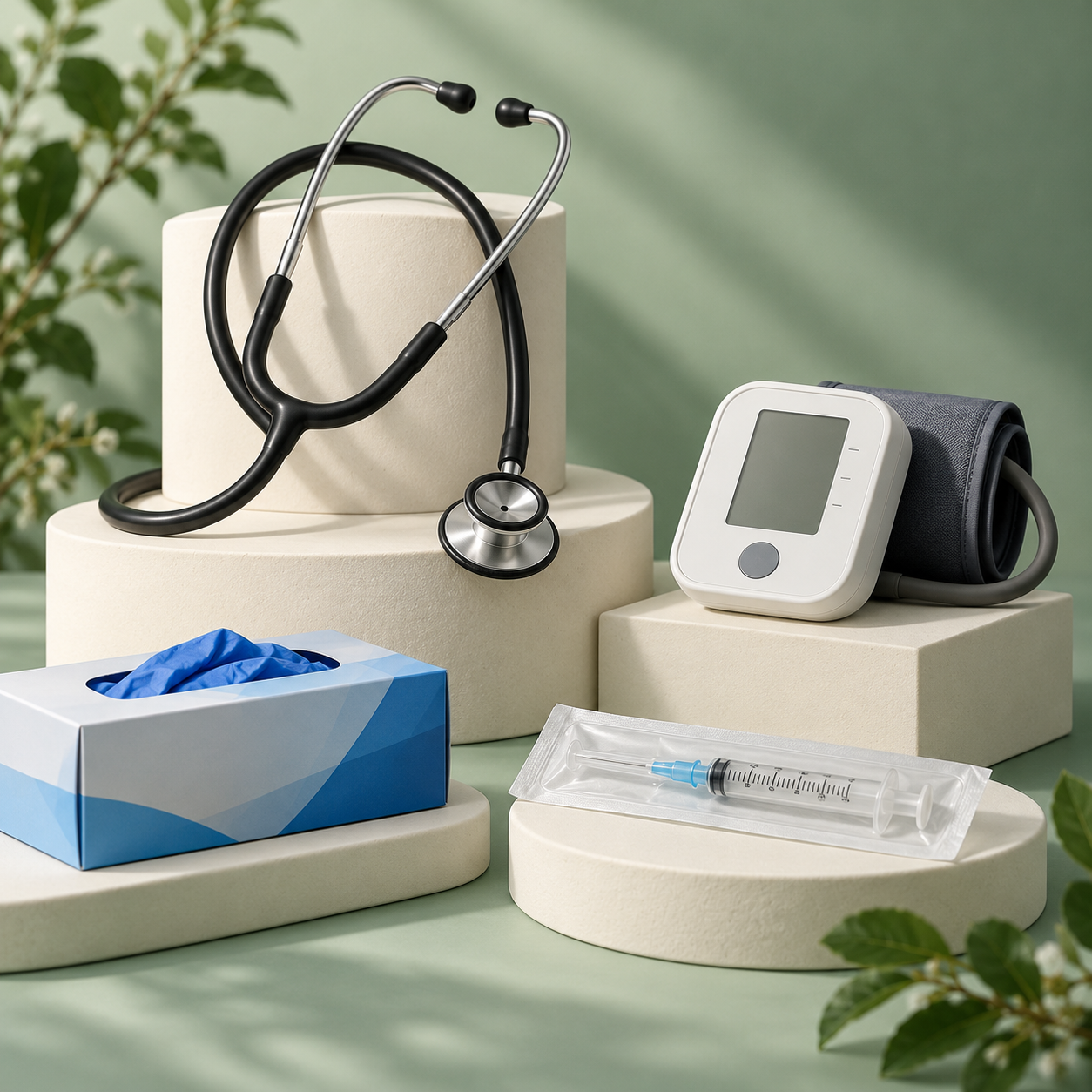 Illustrative medical essentials arranged on display stands